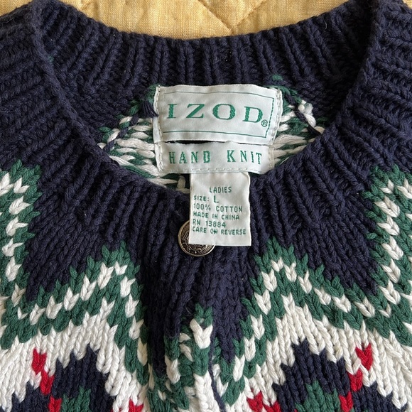 Vintage IZOD Hand Knit Fair Isle Silver Button 100% Cotton Cardigan Sweater - Picture 4 of 9